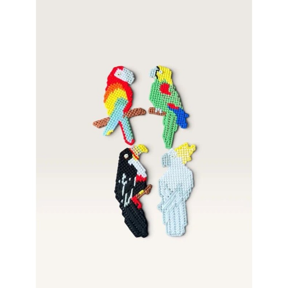 Vtg Handmade Plastic Canvas Tropical Bird Magnets Set of 4